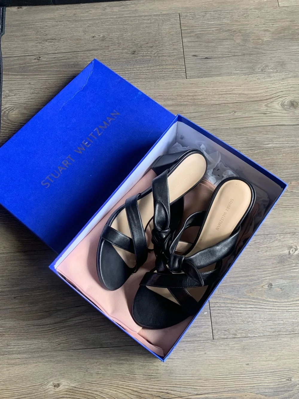 Stuart Weitzman Black Leather Bandeau Slide Sandal Bow 8